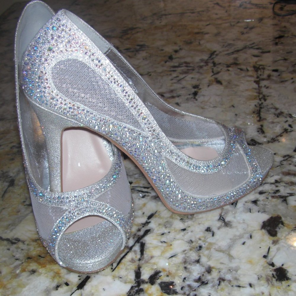 Glitter Pumps Silver Womens Formal Kylie Sheer Mesh Beaded Sweetoes Fashion Sz 8
